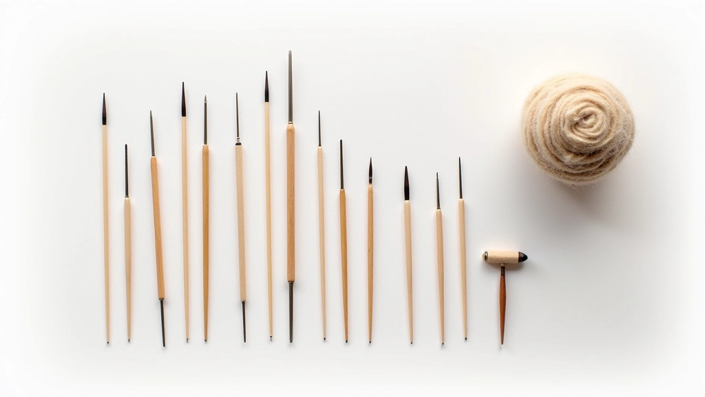 Felting needles of different gauges displayed next to a small wool felted ball