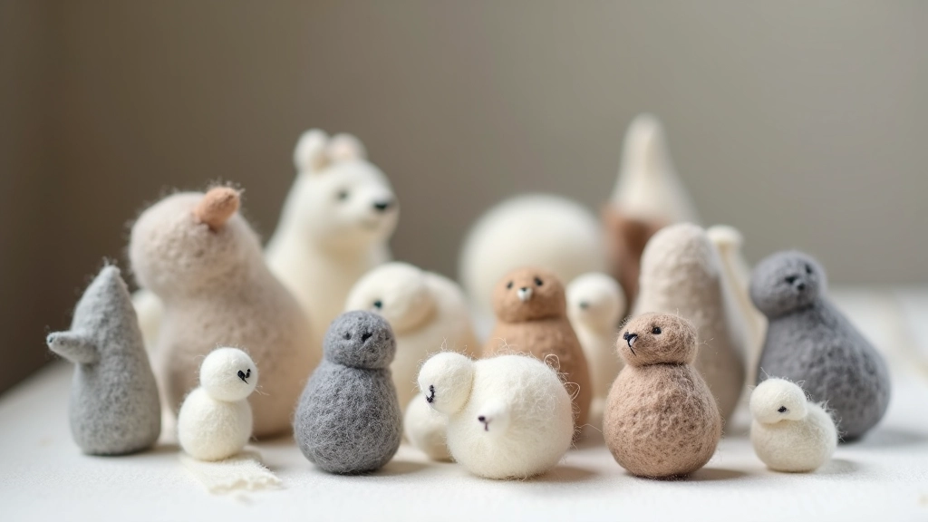 Finished needle felted wool sculptures in natural colors