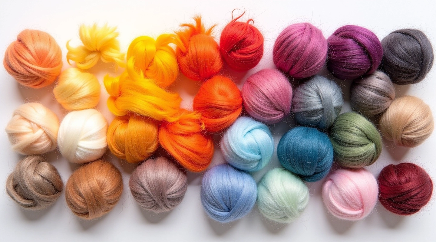 Assorted wool roving fibers in various colors