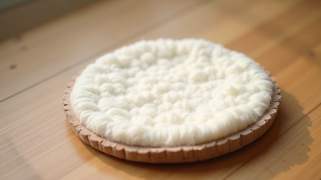 Finished wet-felted coaster in natural wool color displayed on a wooden surface, showing smooth dense fabric texture and even edges after drying