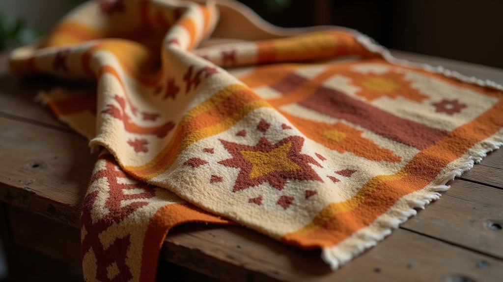 Traditional Estonian wool felted textile with geometric patterns displayed on rustic wooden table
