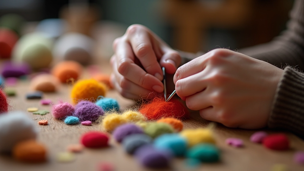 Detailed view of needle felting technique being demonstrated