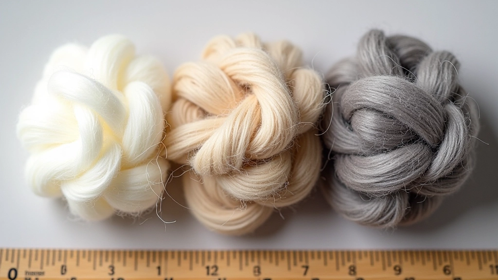 Close-up comparison of three wool samples with different fiber diameters arranged side by side with measurement scale