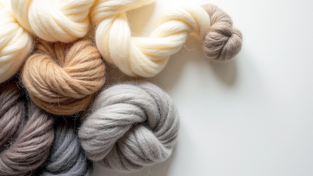 Array of natural wool fibers in cream, gray, and brown tones arranged to show texture variation and fiber grades used in traditional felting